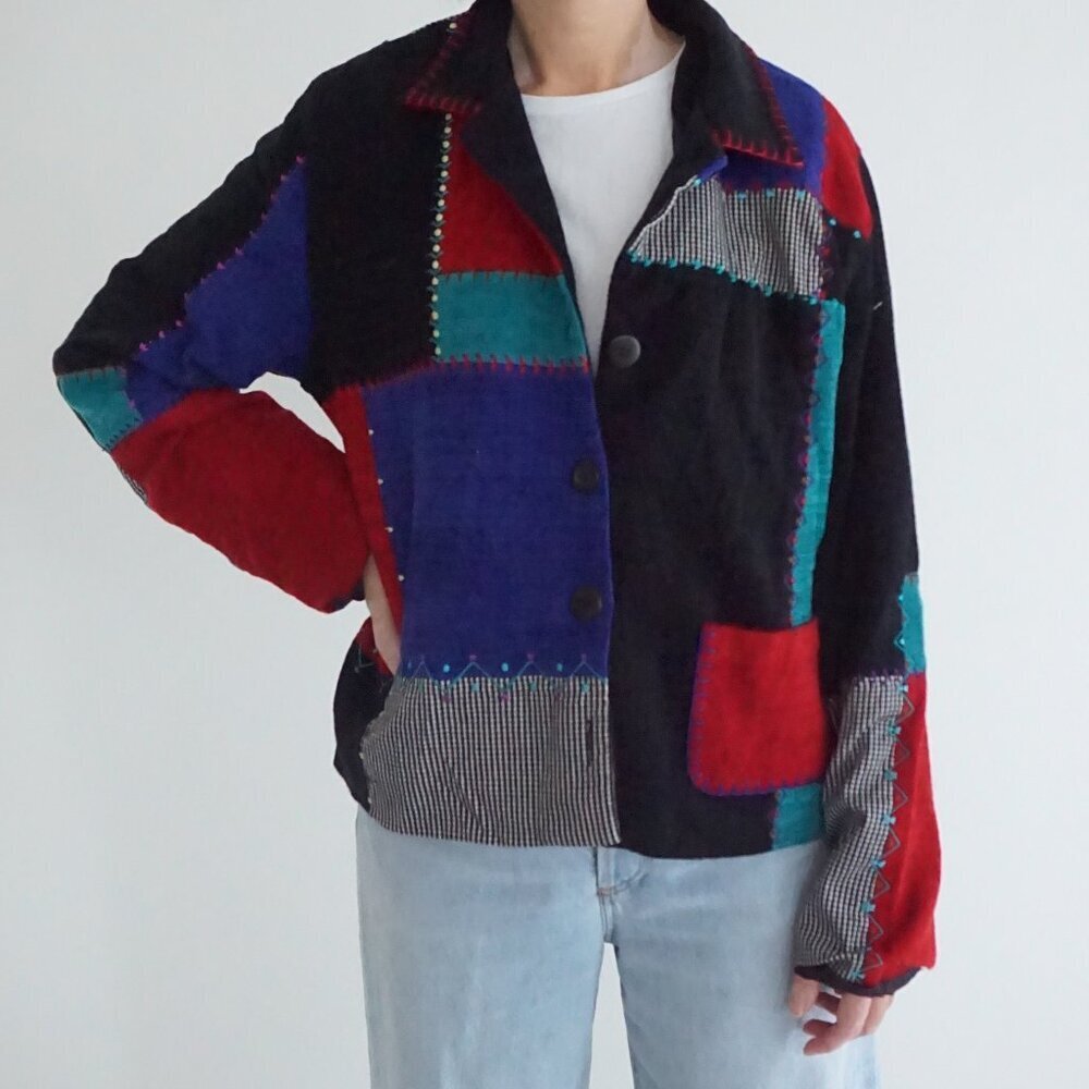 Vintage Koret Black Red Blue Patchwork Colorblock Knit Cardigan Button M